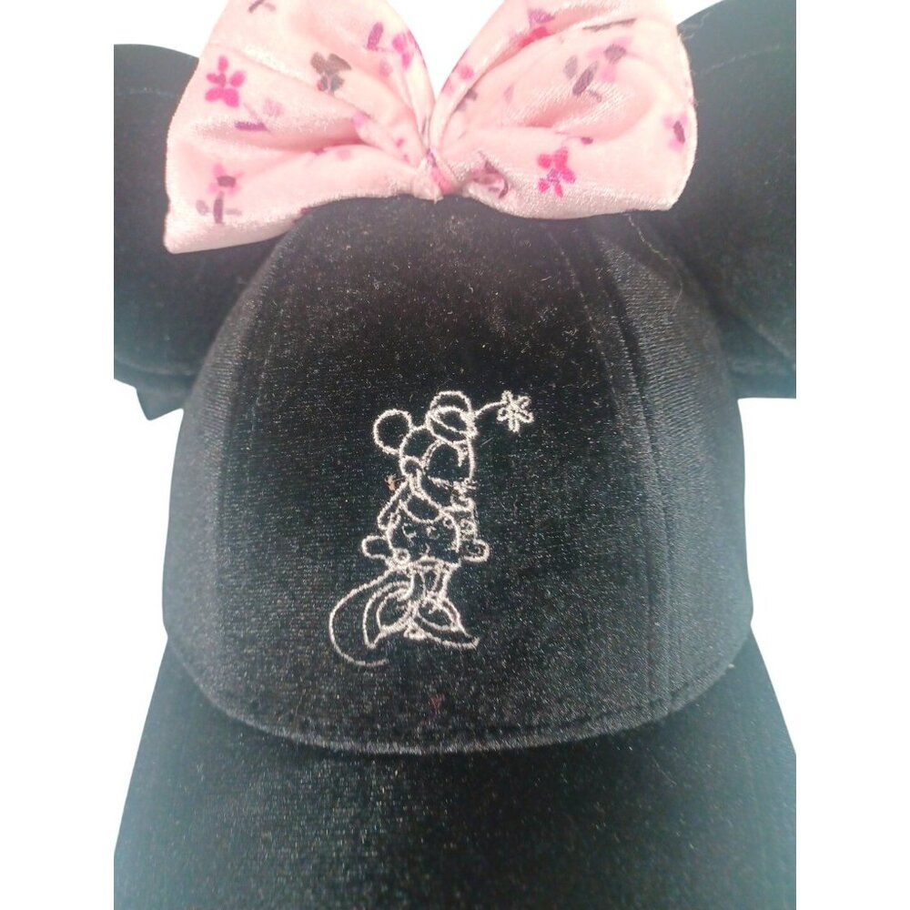 New Minnie Mouse Ears  Adult Velvet Adjustable Hat Cap With Pink Floral Bow - Picture 5 of 10